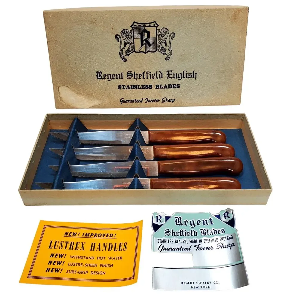 Vtg Regent Sheffield English Stainless 4 Piece Steak Knife Set in Storage Tray